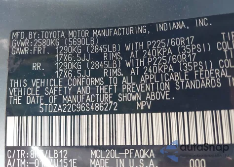 2006 Toyota Sienna Xle Limited z USA, uszkodzony, nr VIN 5TDZA22C96S486272